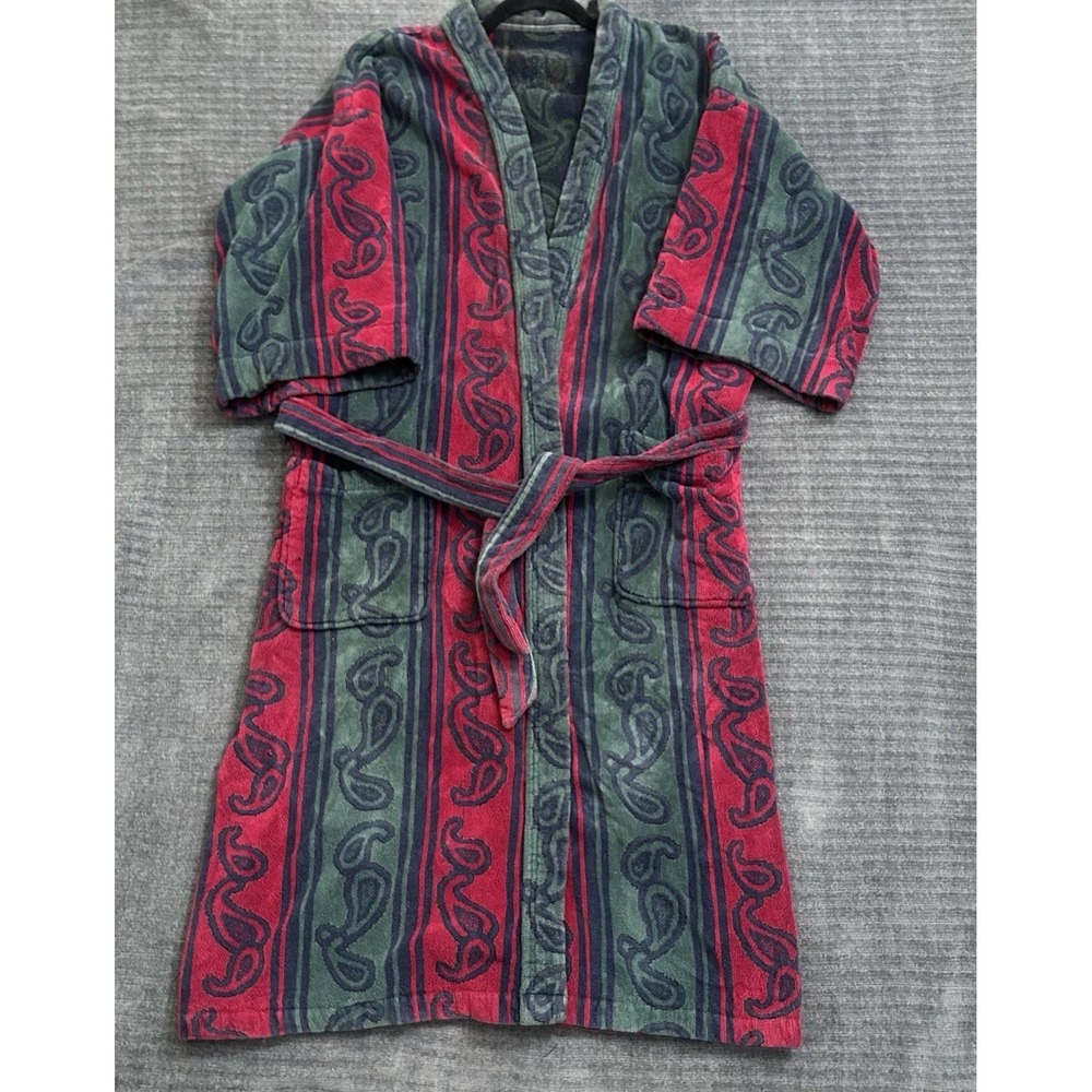 Vintage Turkish Cotton Blend Robe Knightsbridge OS Burgundy Green Paisley Belted - Picture 1 of 16